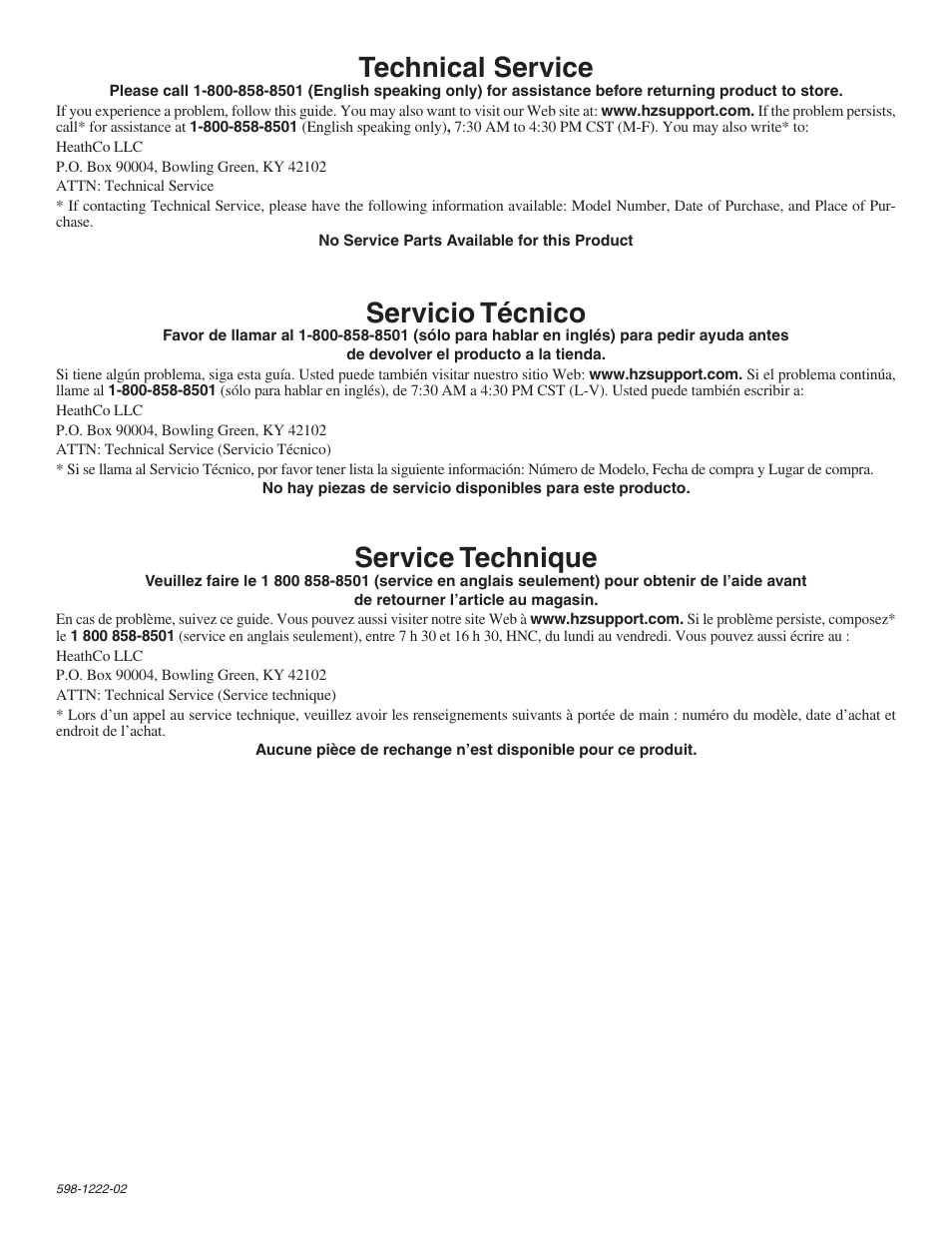 Technical service, Servicio técnico, Service technique | Heath Zenith SL-5676 User Manual | Page 7 / 8