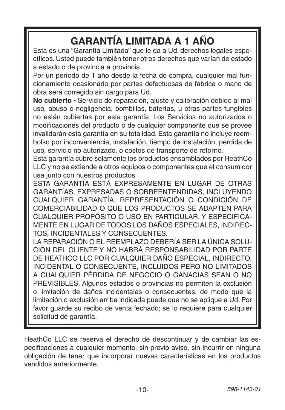Garantía limitada a 1 año | Heath Zenith 598-1143-01 User Manual | Page 10 / 16