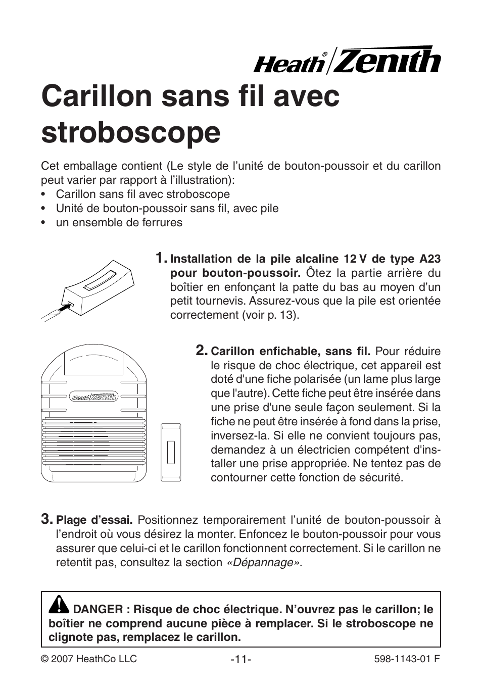 Carillon sans fil avec stroboscope | Heath Zenith 598-1143-01 User Manual | Page 11 / 16