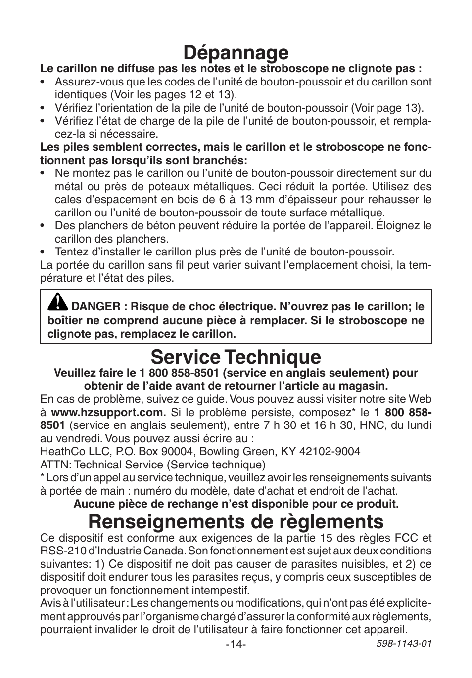 Dépannage, Service technique, Renseignements de règlements | Heath Zenith 598-1143-01 User Manual | Page 14 / 16
