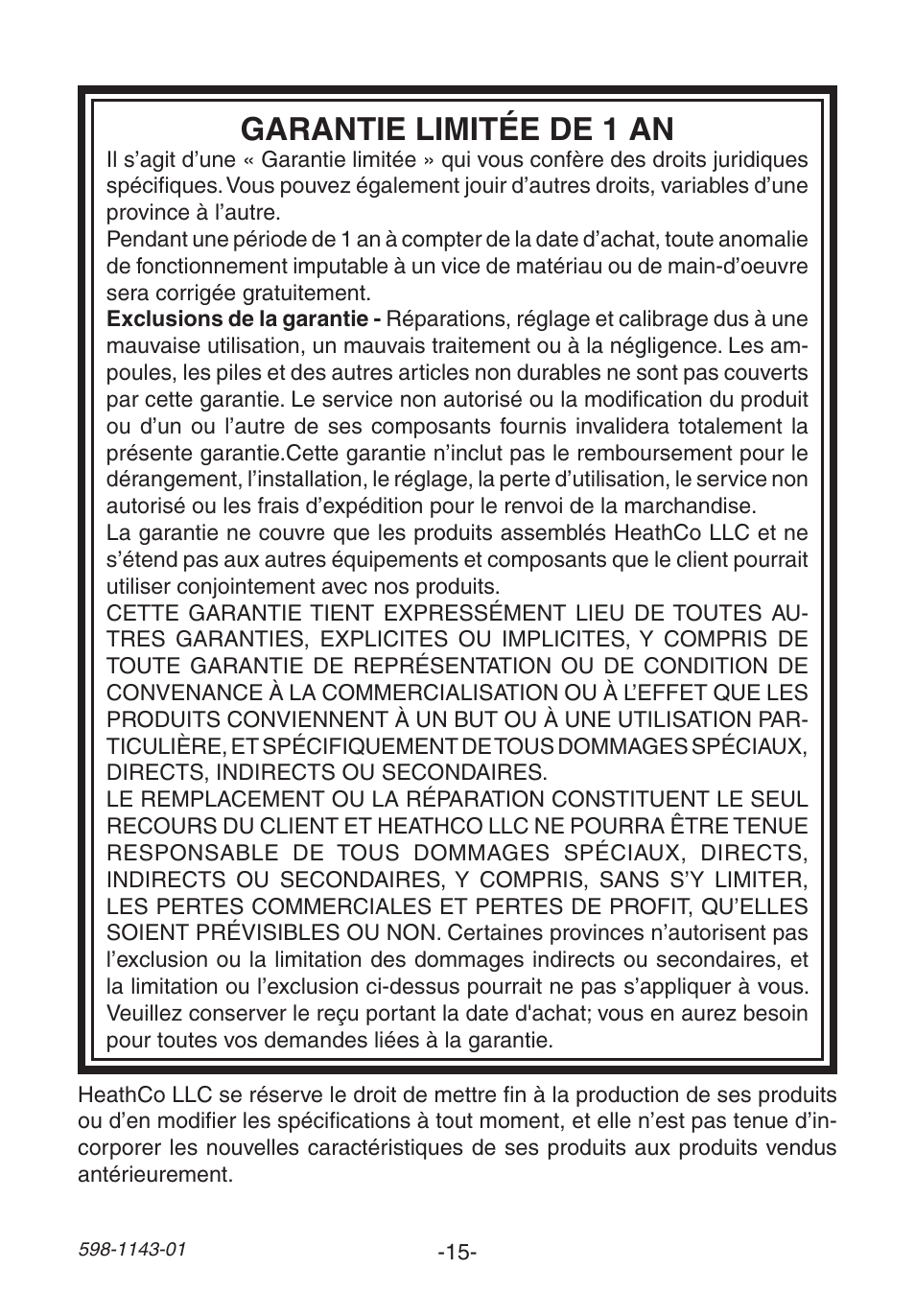 Garantie limitée de 1 an | Heath Zenith 598-1143-01 User Manual | Page 15 / 16