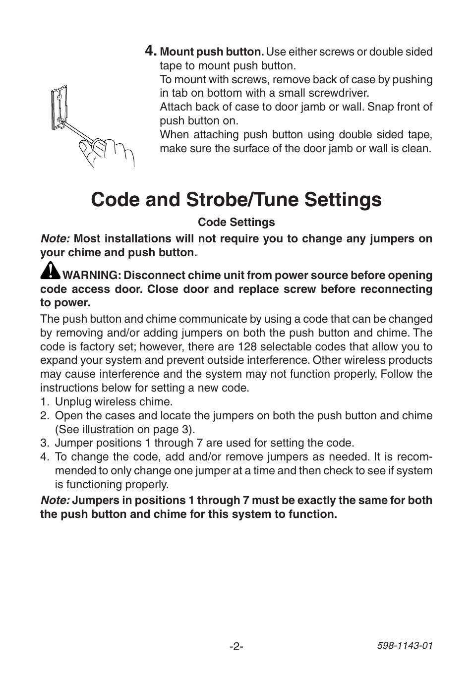 Code and strobe/tune settings | Heath Zenith 598-1143-01 User Manual | Page 2 / 16