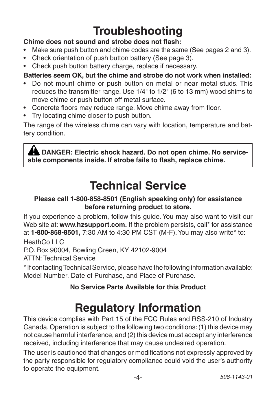 Troubleshooting, Regulatory information, Technical service | Heath Zenith 598-1143-01 User Manual | Page 4 / 16