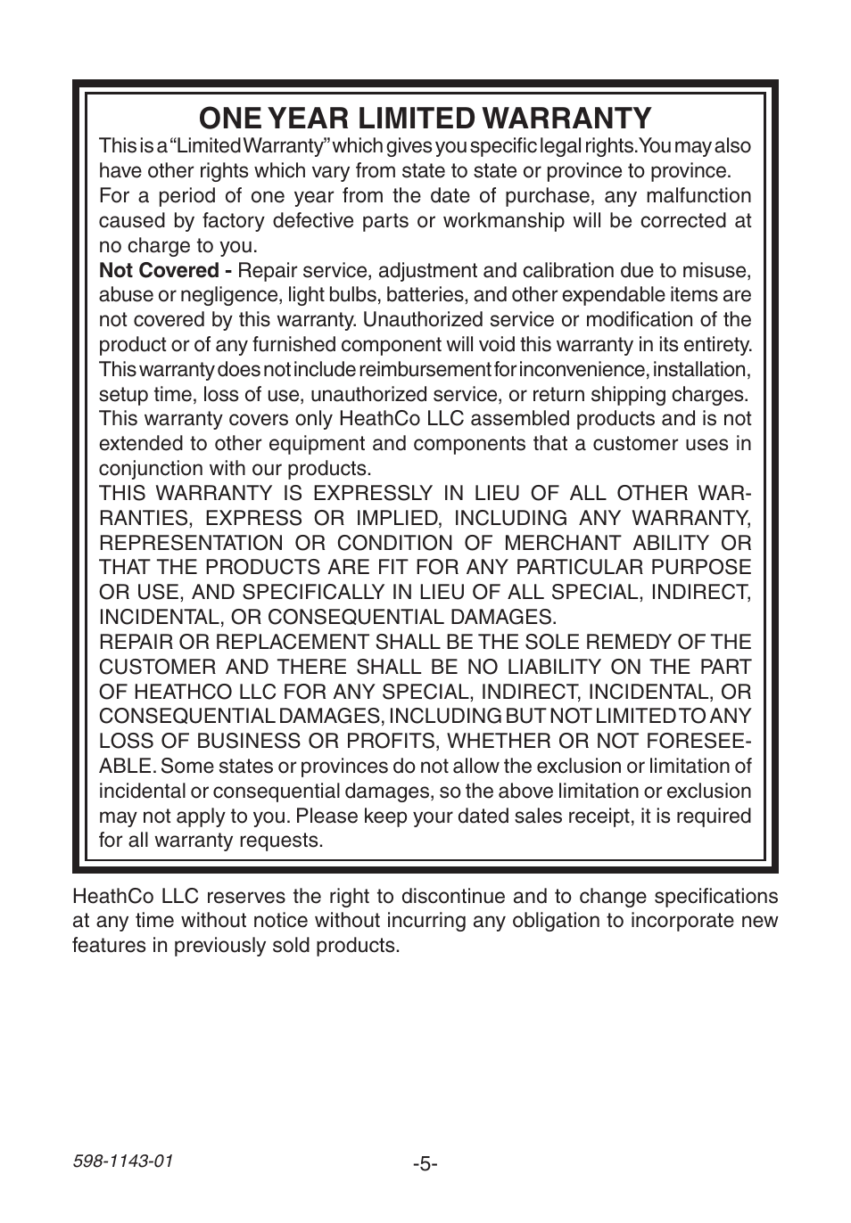 One year limited warranty | Heath Zenith 598-1143-01 User Manual | Page 5 / 16