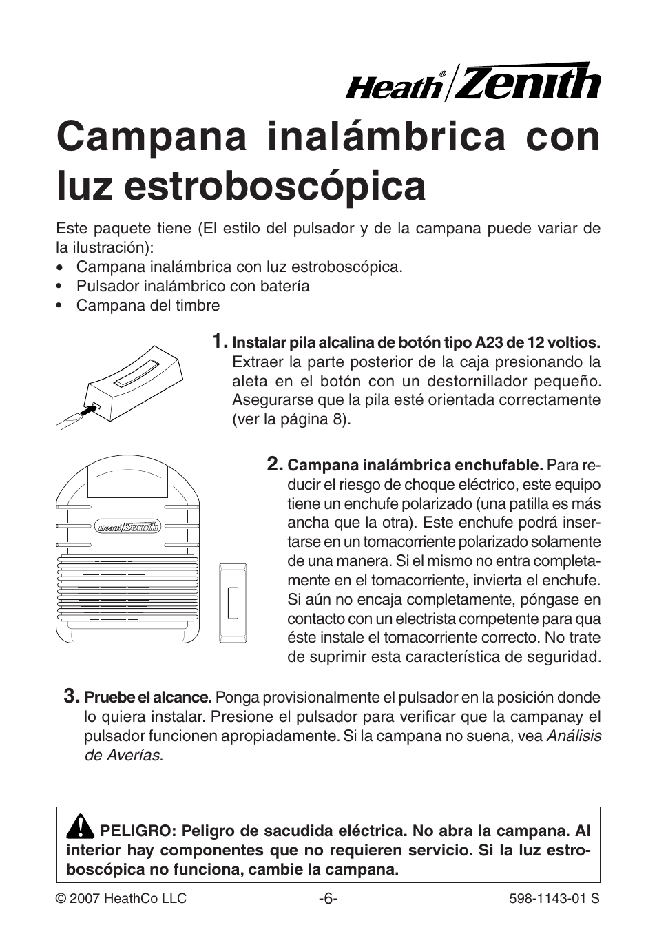 Campana inalámbrica con luz estroboscópica | Heath Zenith 598-1143-01 User Manual | Page 6 / 16