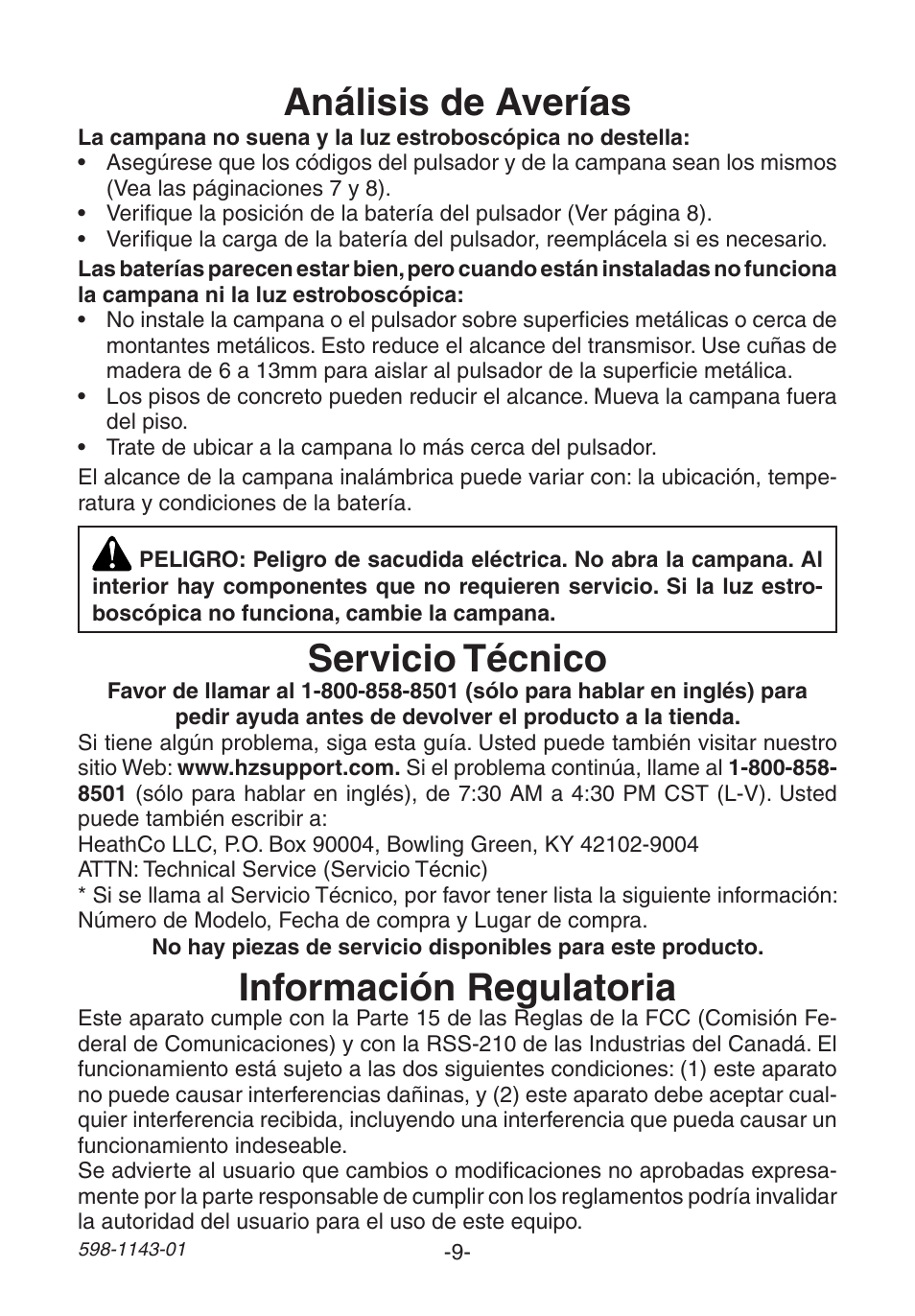 Análisis de averías, Servicio técnico, Información regulatoria | Heath Zenith 598-1143-01 User Manual | Page 9 / 16