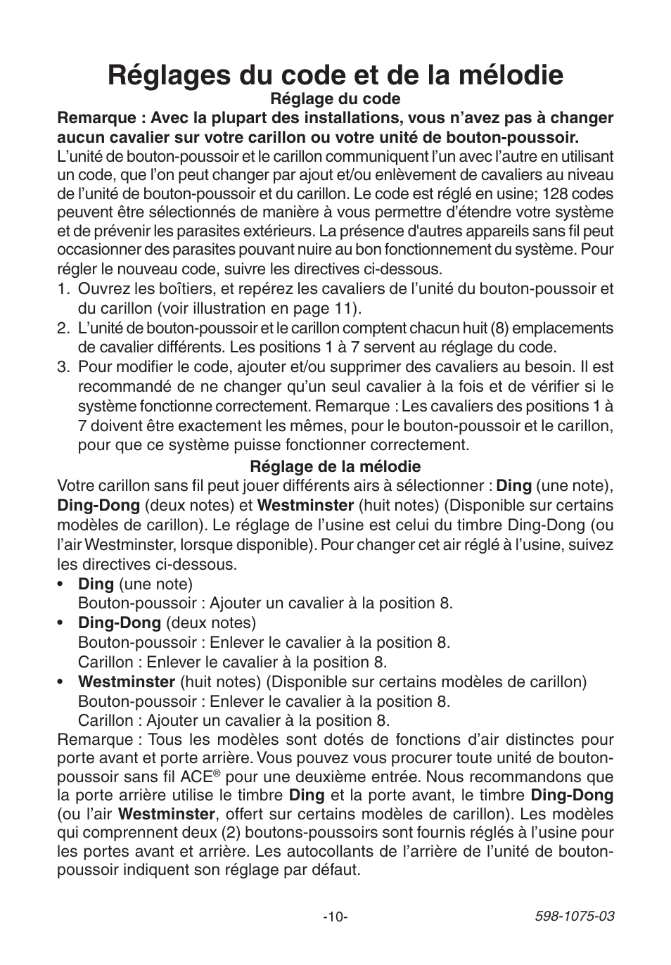 Réglages du code et de la mélodie | Heath Zenith 3035748 (AC-6195) User Manual | Page 10 / 12