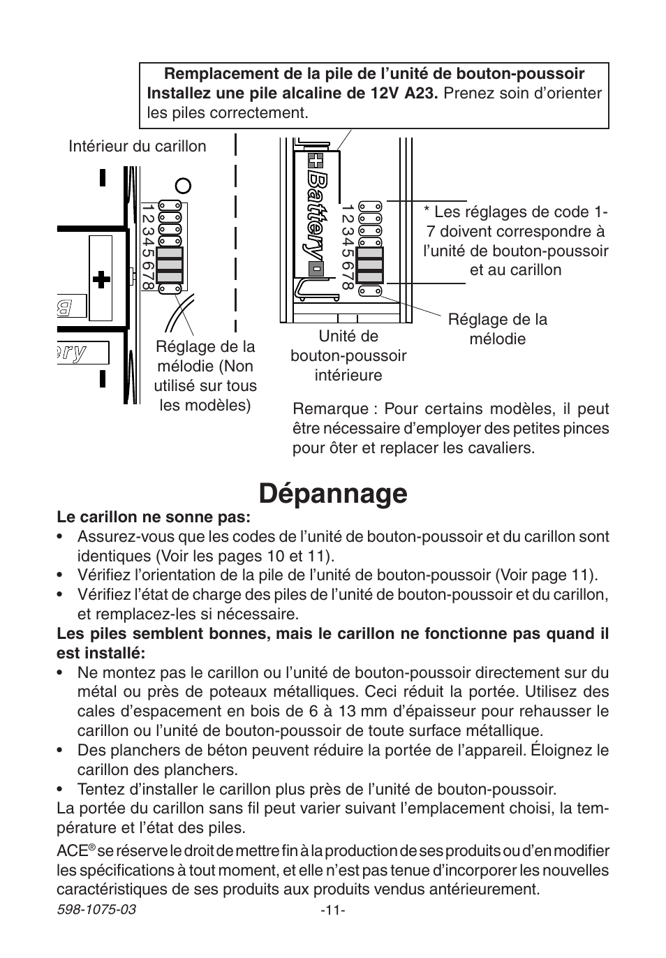 Dépannage, Battery, Battery ba tte ry | Heath Zenith 3035748 (AC-6195) User Manual | Page 11 / 12