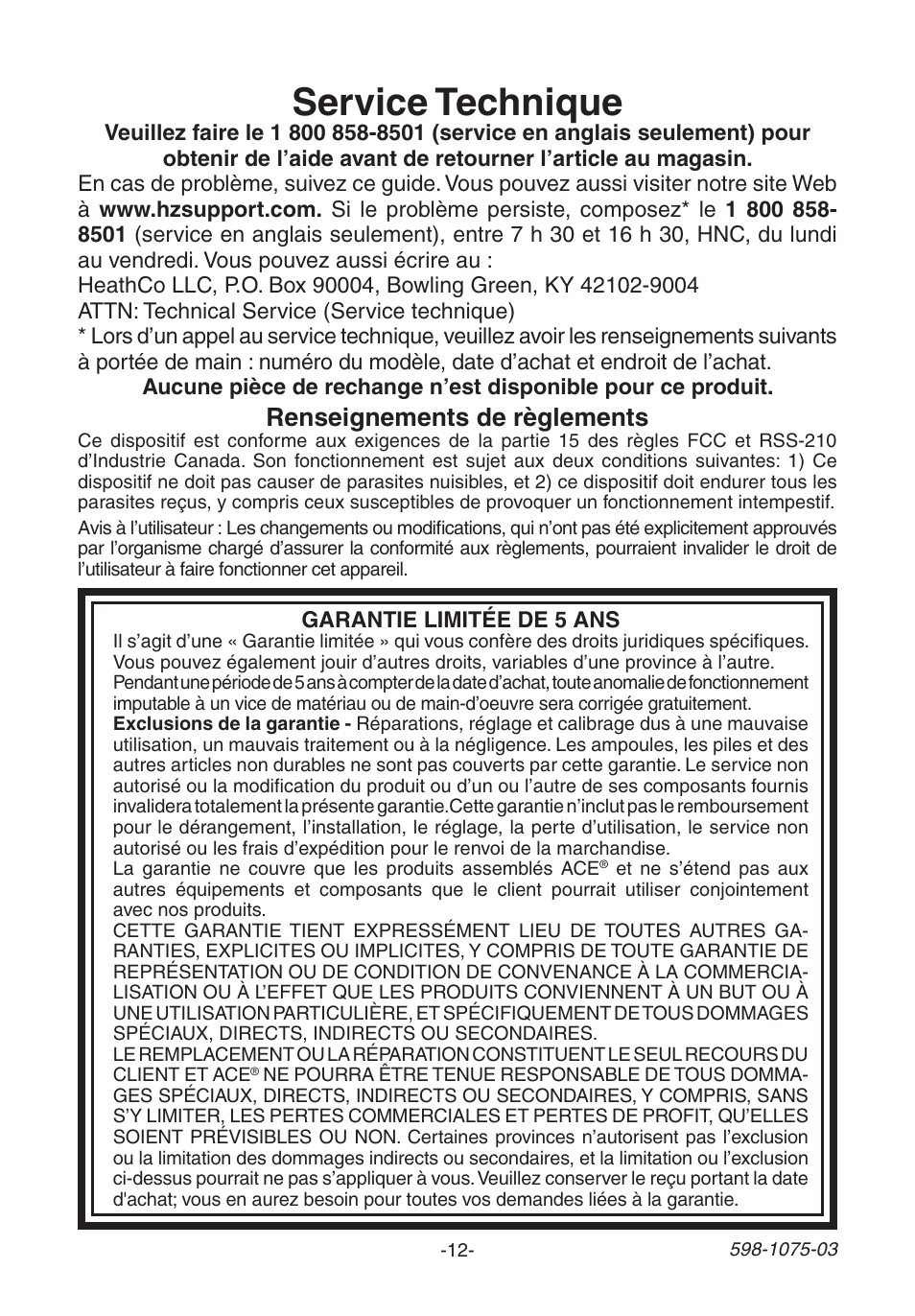 Service technique, Renseignements de règlements | Heath Zenith 3035748 (AC-6195) User Manual | Page 12 / 12