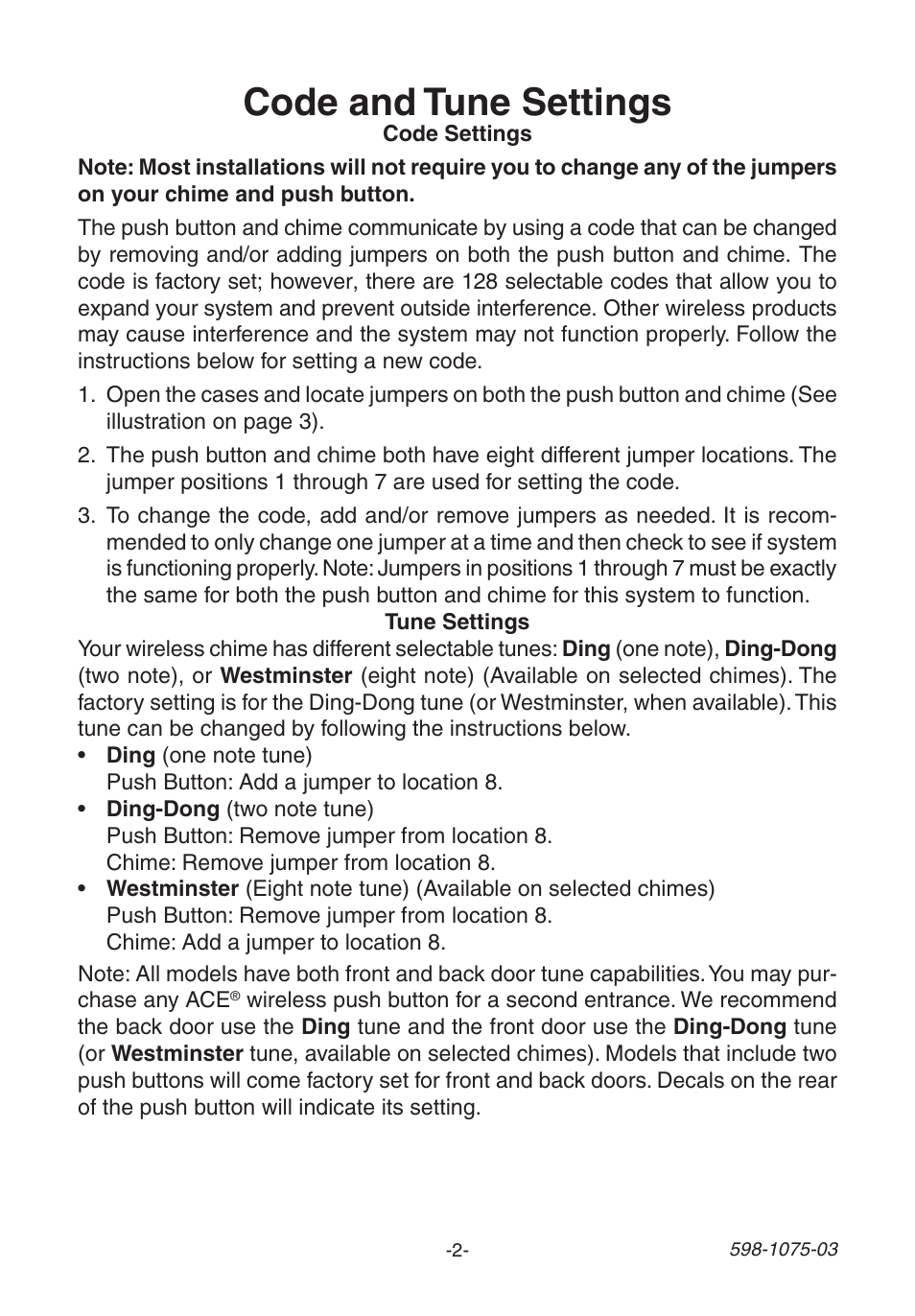 Code and tune settings | Heath Zenith 3035748 (AC-6195) User Manual | Page 2 / 12