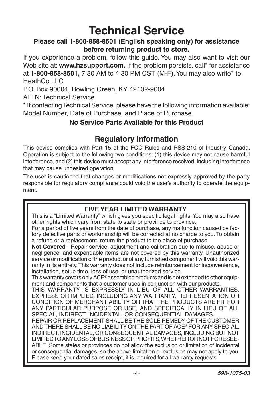 Technical service, Regulatory information | Heath Zenith 3035748 (AC-6195) User Manual | Page 4 / 12