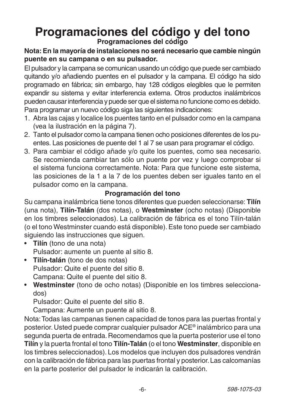Programaciones del código y del tono | Heath Zenith 3035748 (AC-6195) User Manual | Page 6 / 12
