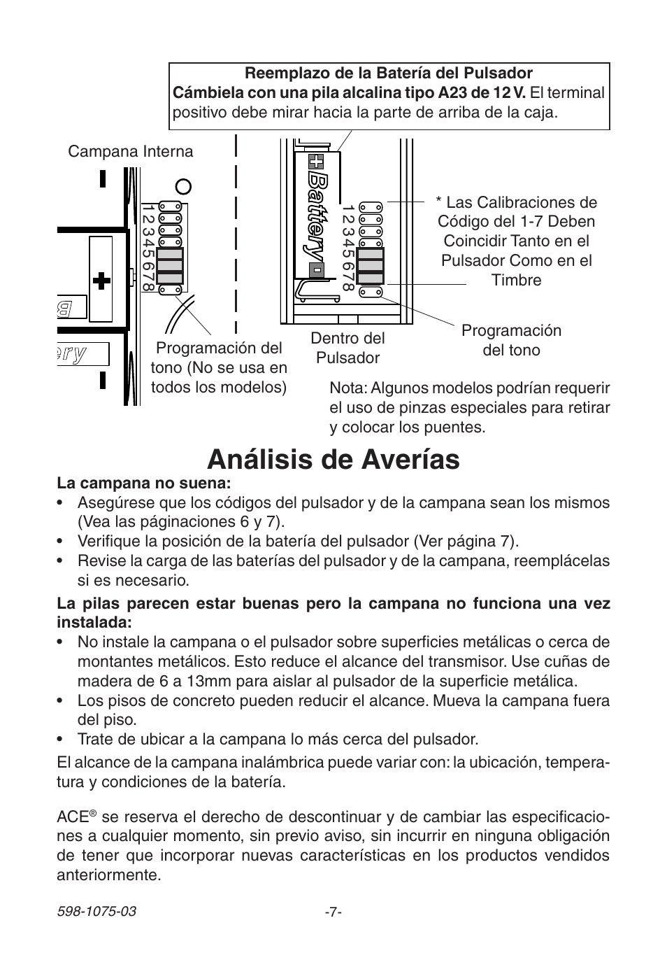 Análisis de averías, Battery, Battery ba tte ry | Heath Zenith 3035748 (AC-6195) User Manual | Page 7 / 12
