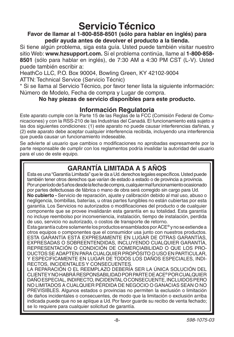 Servicio técnico, Información regulatoria, Garantía limitada a 5 años | Heath Zenith 3035748 (AC-6195) User Manual | Page 8 / 12