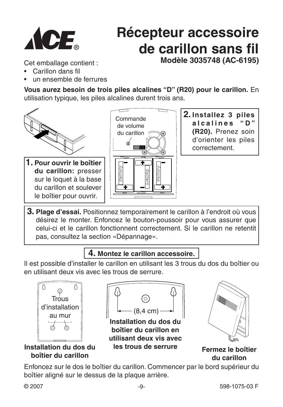 Récepteur accessoire de carillon sans fil | Heath Zenith 3035748 (AC-6195) User Manual | Page 9 / 12