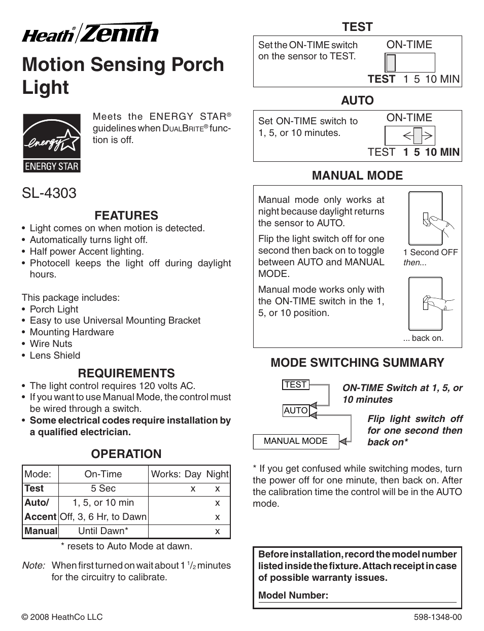 Heath Zenith Motion Sensing Porch Light SL-4303 User Manual | 20 pages