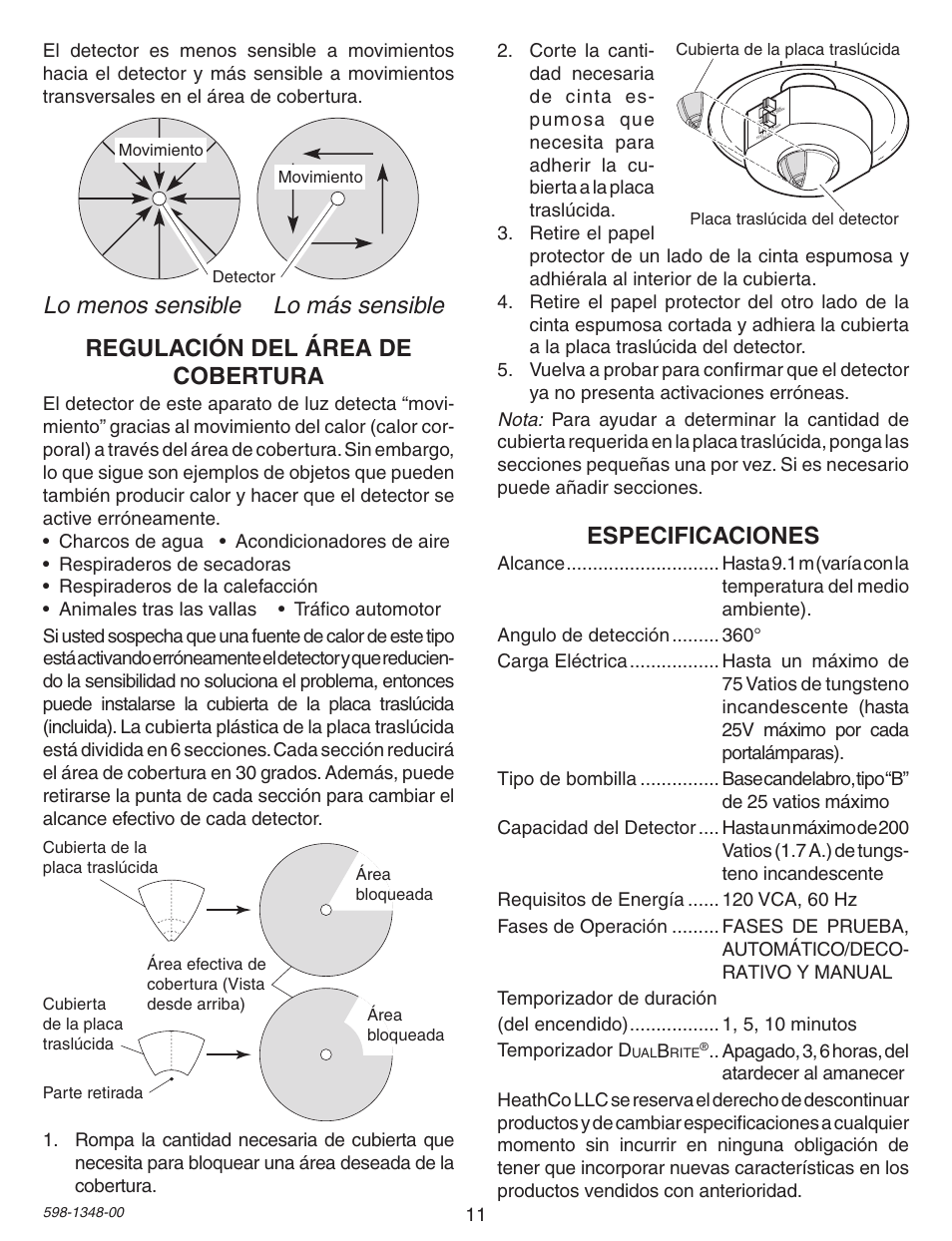 Especificaciones, Regulación del área de cobertura, Lo menos sensible lo más sensible | Heath Zenith Motion Sensing Porch Light SL-4303 User Manual | Page 11 / 20