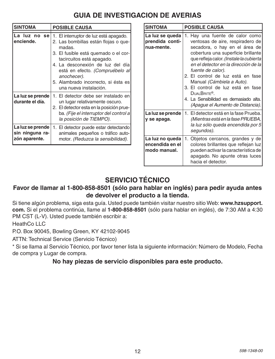 Guia de investigacion de averias servicio técnico | Heath Zenith Motion Sensing Porch Light SL-4303 User Manual | Page 12 / 20