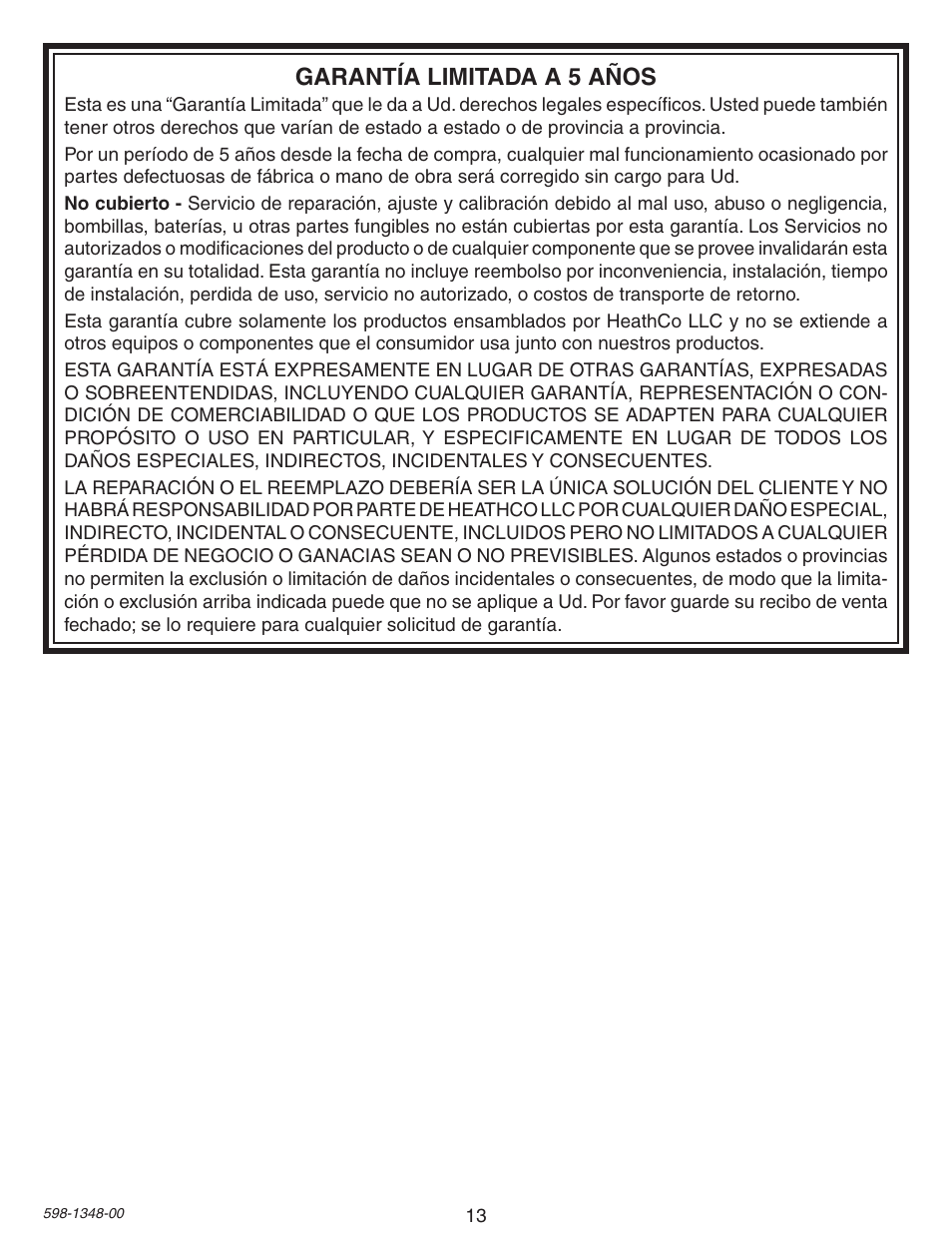 Garantía limitada a 5 años | Heath Zenith Motion Sensing Porch Light SL-4303 User Manual | Page 13 / 20