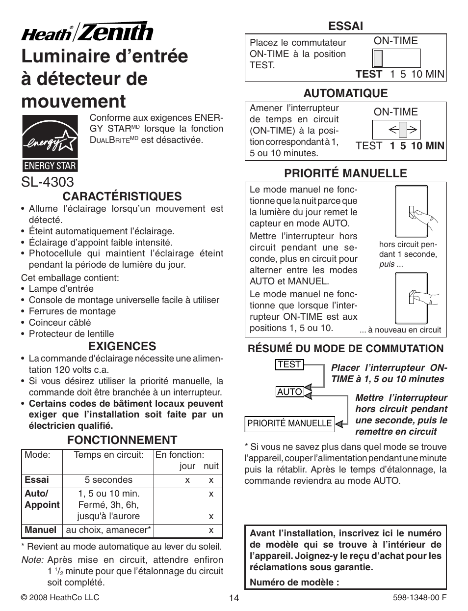 Luminaire d’entrée à détecteur de mouvement, Sl-4303, Caractéristiques | Exigences, Fonctionnement, Essai, Automatique, Priorité manuelle | Heath Zenith Motion Sensing Porch Light SL-4303 User Manual | Page 14 / 20