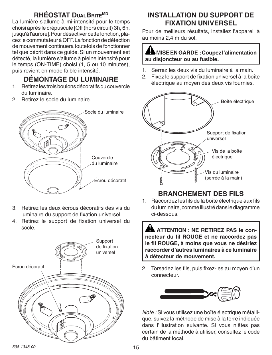 Installation du support de fixation universel, Branchement des fils, Démontage du luminaire | Rhéostat d | Heath Zenith Motion Sensing Porch Light SL-4303 User Manual | Page 15 / 20