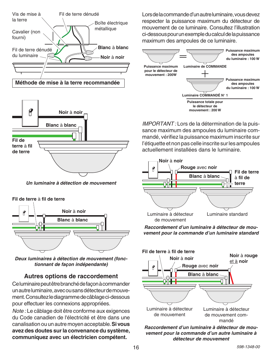 Autres options de raccordement, Méthode de mise à la terre recommandée | Heath Zenith Motion Sensing Porch Light SL-4303 User Manual | Page 16 / 20