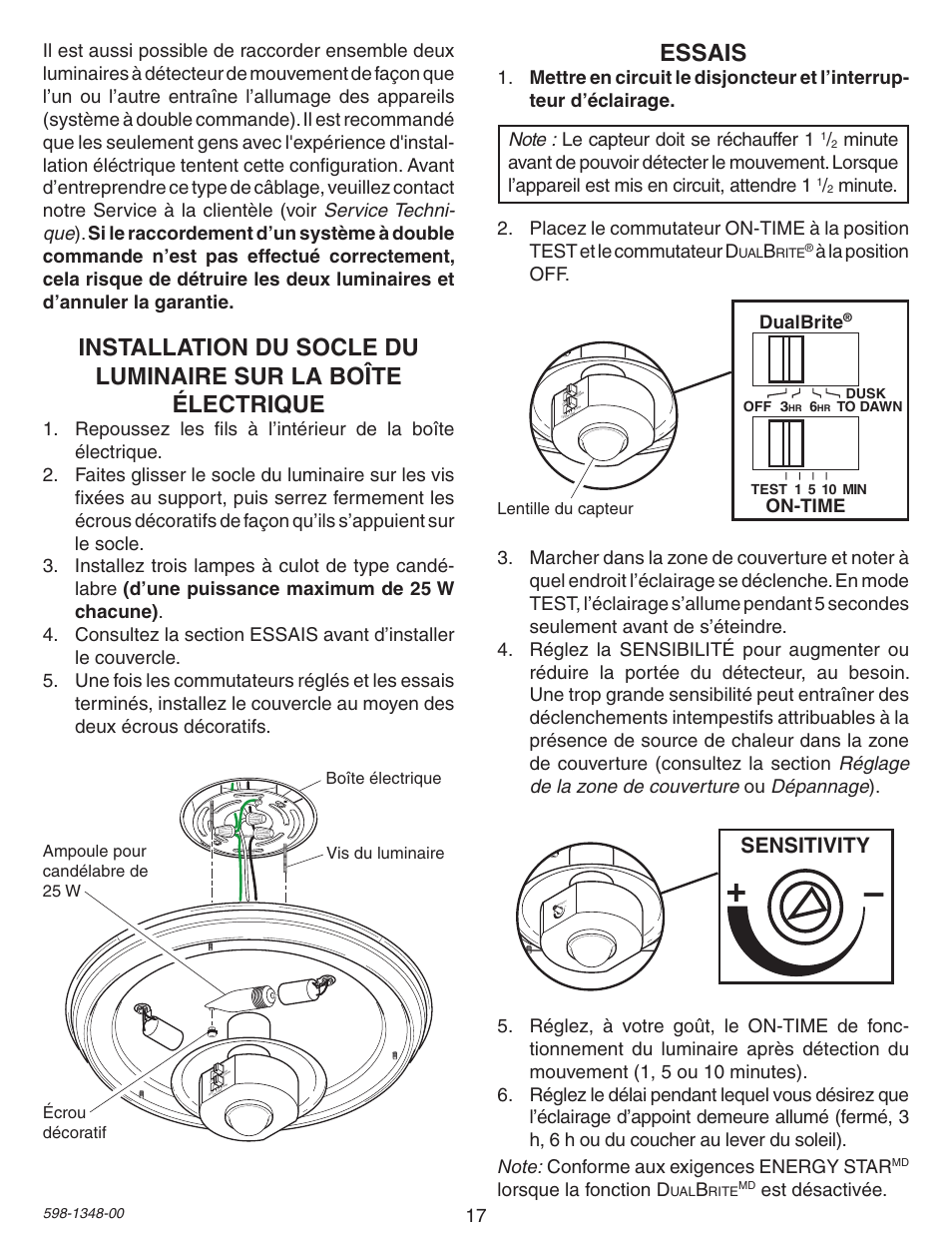 Essais, Sensitivity, Lorsque la fonction d | Est désactivée, Dualbrite, On-time | Heath Zenith Motion Sensing Porch Light SL-4303 User Manual | Page 17 / 20