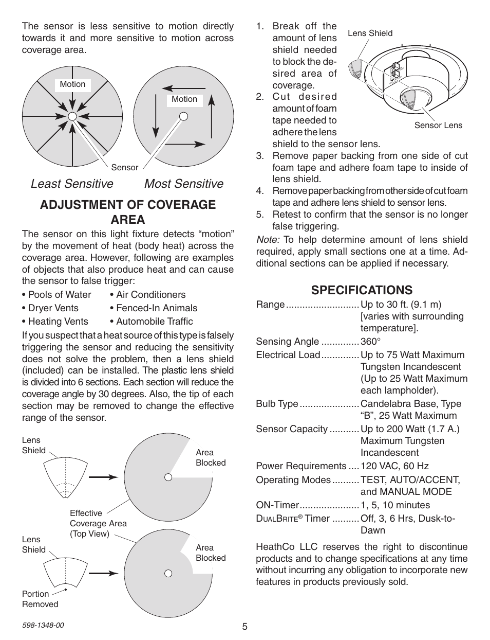 Least sensitive most sensitive, Specifications, Adjustment of coverage area | Heath Zenith Motion Sensing Porch Light SL-4303 User Manual | Page 5 / 20