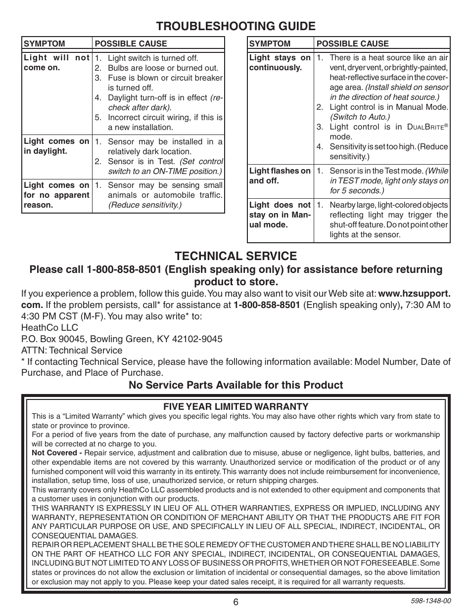 Troubleshooting guide, Technical service, No service parts available for this product | Heath Zenith Motion Sensing Porch Light SL-4303 User Manual | Page 6 / 20