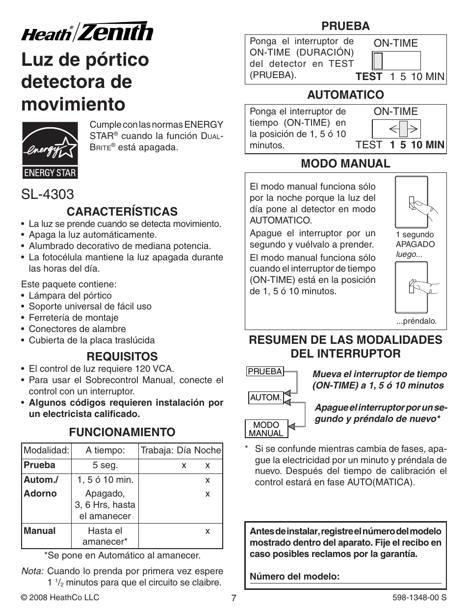 Luz de pórtico detectora de movimiento, Sl-4303, Características | Requisitos, Funcionamiento, Prueba, Automatico, Resumen de las modalidades del interruptor, Modo manual | Heath Zenith Motion Sensing Porch Light SL-4303 User Manual | Page 7 / 20