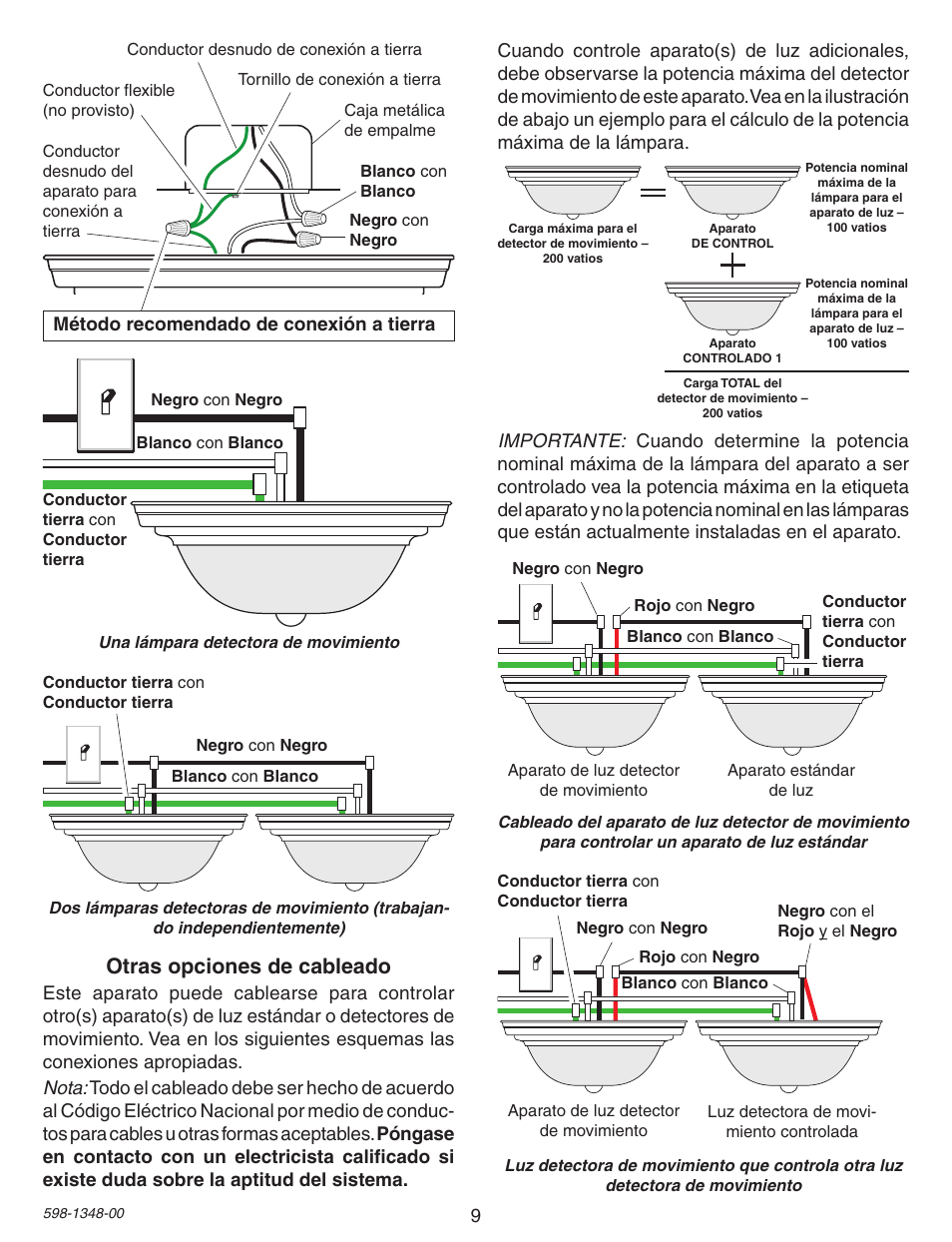 Otras opciones de cableado, Método recomendado de conexión a tierra | Heath Zenith Motion Sensing Porch Light SL-4303 User Manual | Page 9 / 20