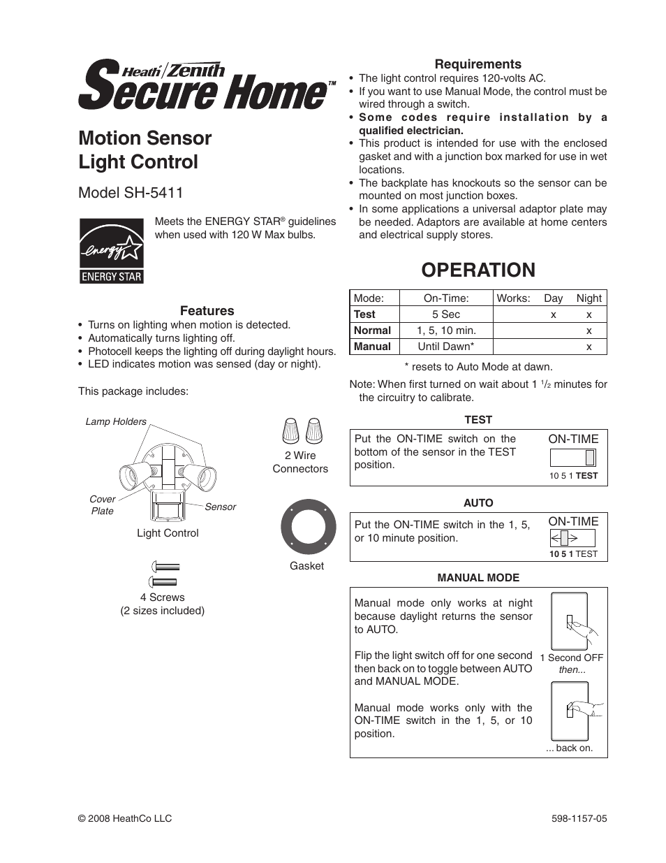Heath Zenith Motion Sensor Light Control SH-5411 User Manual | 16 pages
