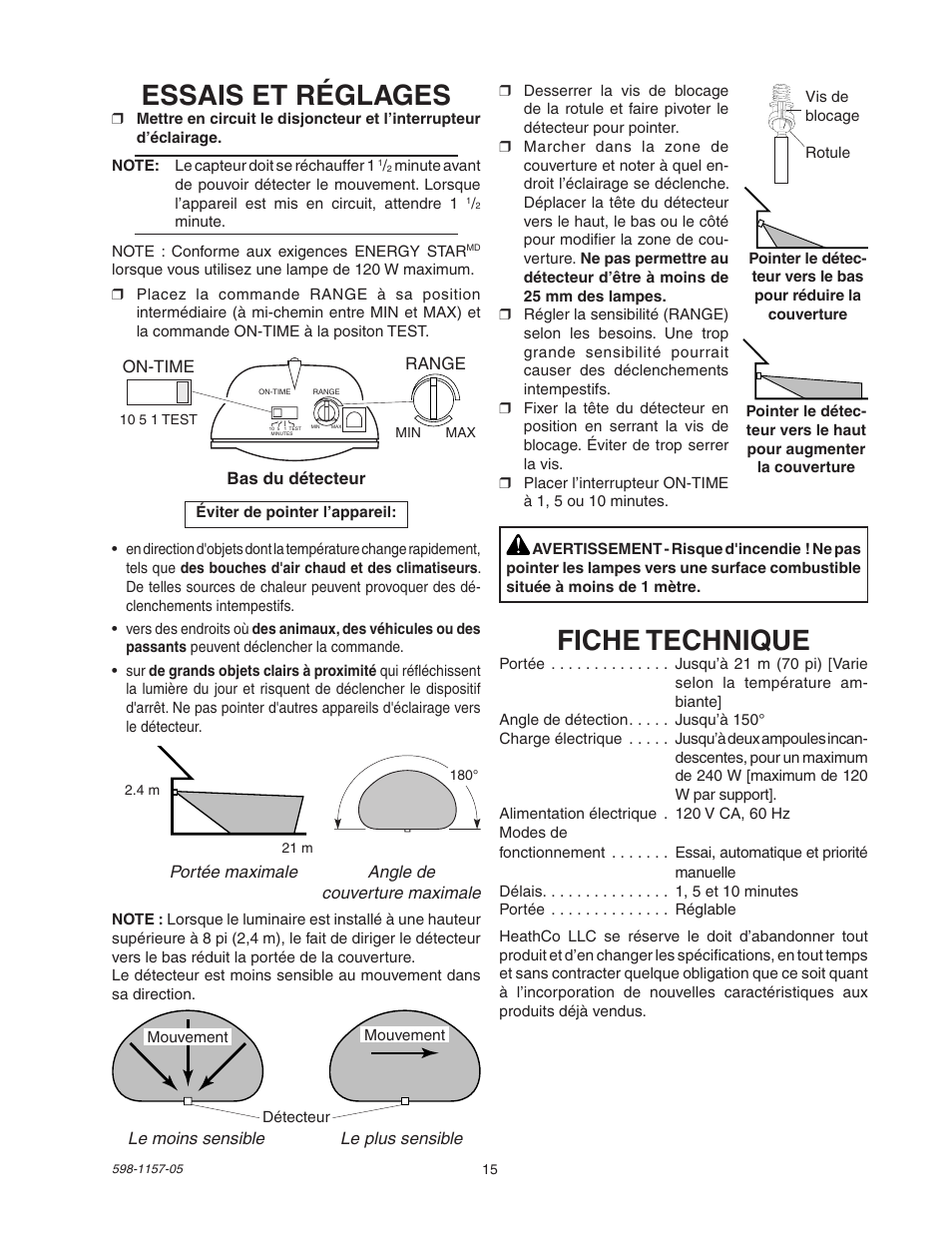 Essais et réglages, Fiche technique | Heath Zenith Motion Sensor Light Control SH-5411 User Manual | Page 15 / 16