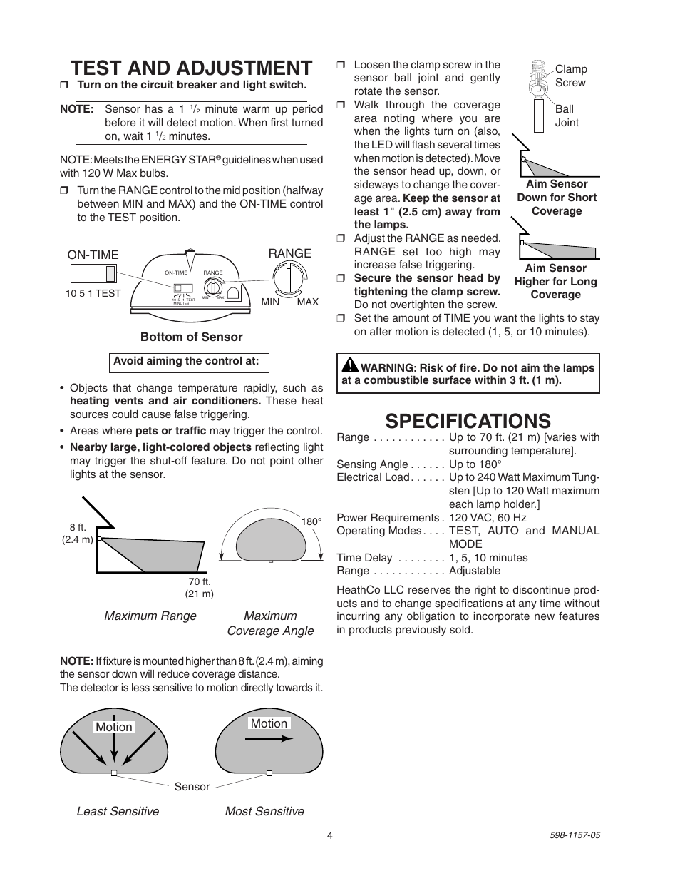 Test and adjustment, Specifications | Heath Zenith Motion Sensor Light Control SH-5411 User Manual | Page 4 / 16