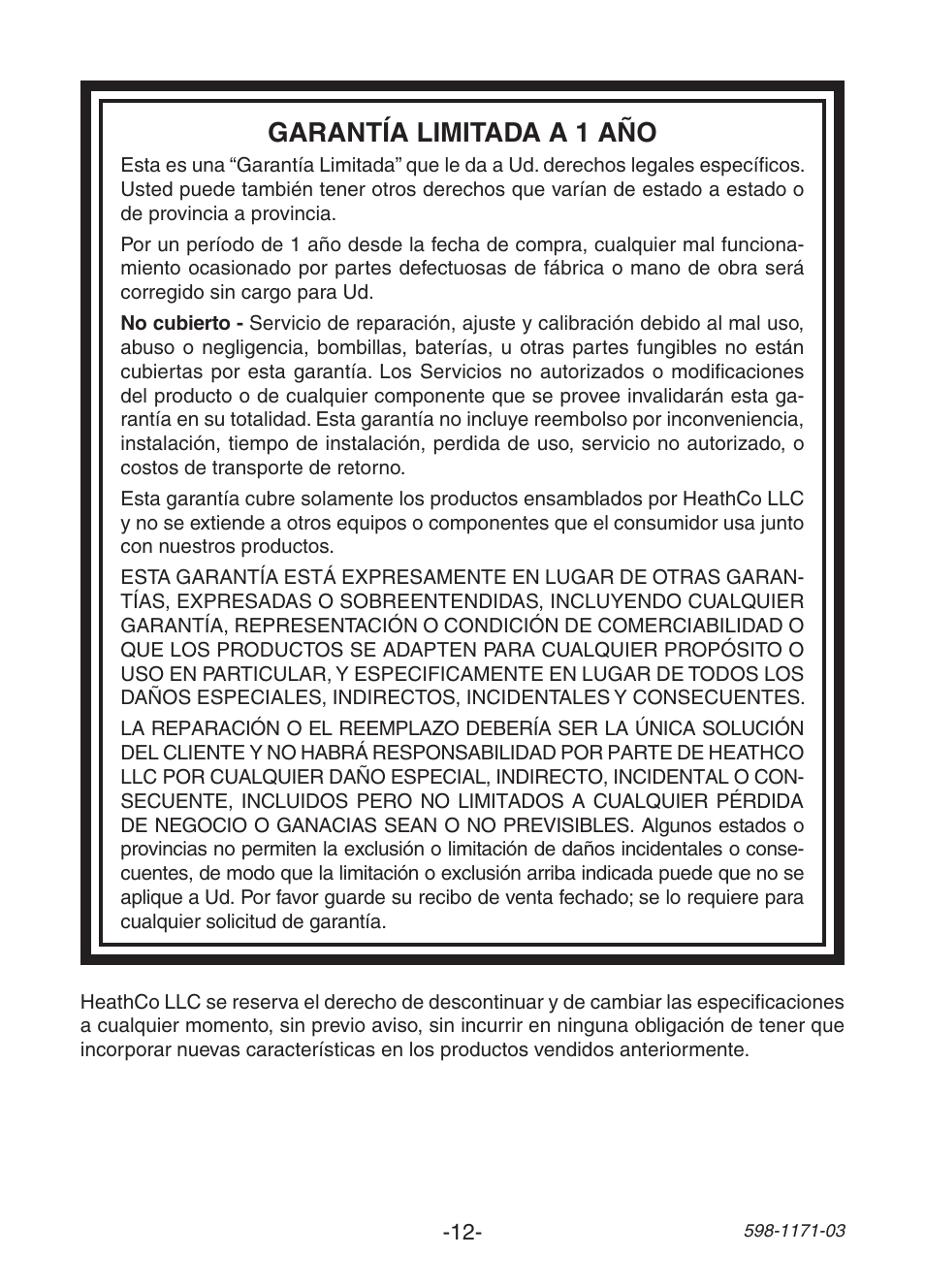 Garantía limitada a 1 año | Heath Zenith Wireless Chime TR-0095-RX User Manual | Page 12 / 20
