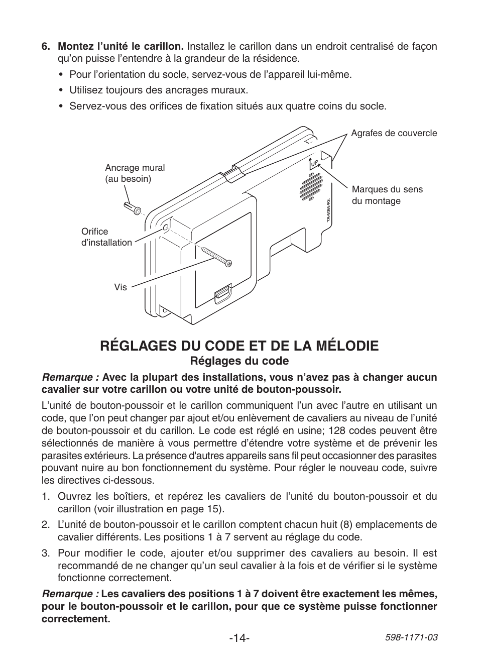 Réglages du code et de la mélodie | Heath Zenith Wireless Chime TR-0095-RX User Manual | Page 14 / 20