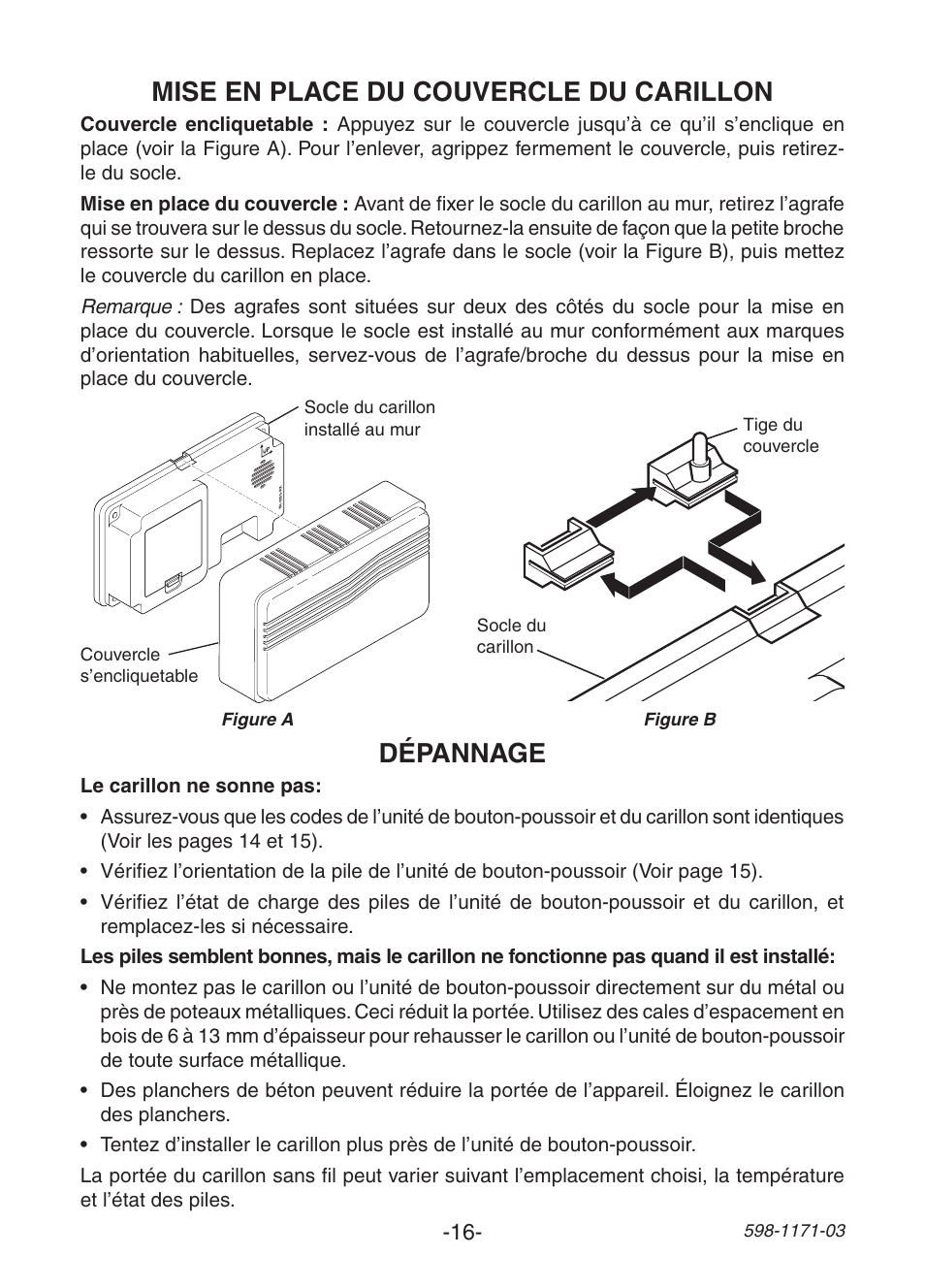 Mise en place du couvercle du carillon, Dépannage | Heath Zenith Wireless Chime TR-0095-RX User Manual | Page 16 / 20