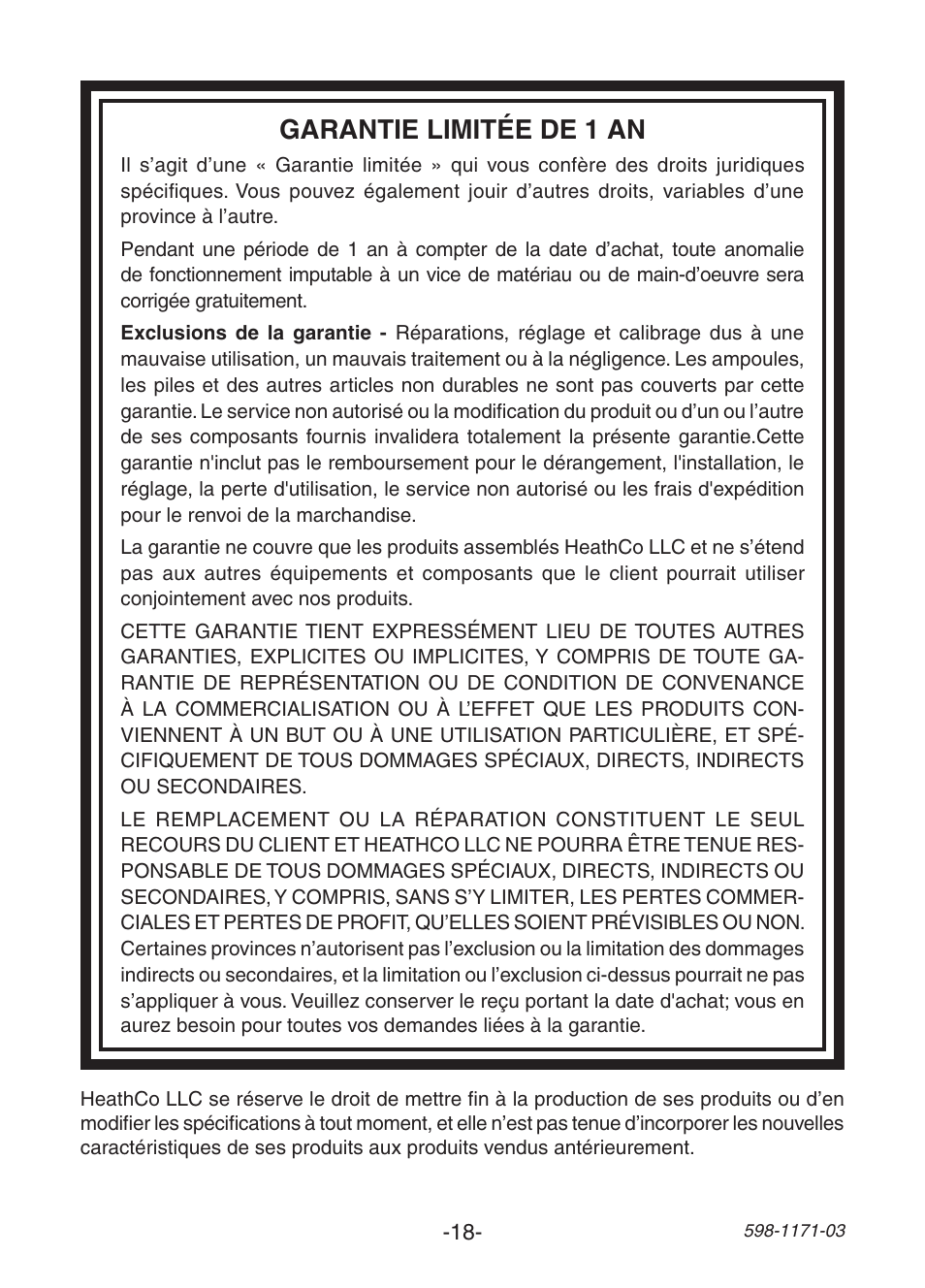Garantie limitée de 1 an | Heath Zenith Wireless Chime TR-0095-RX User Manual | Page 18 / 20