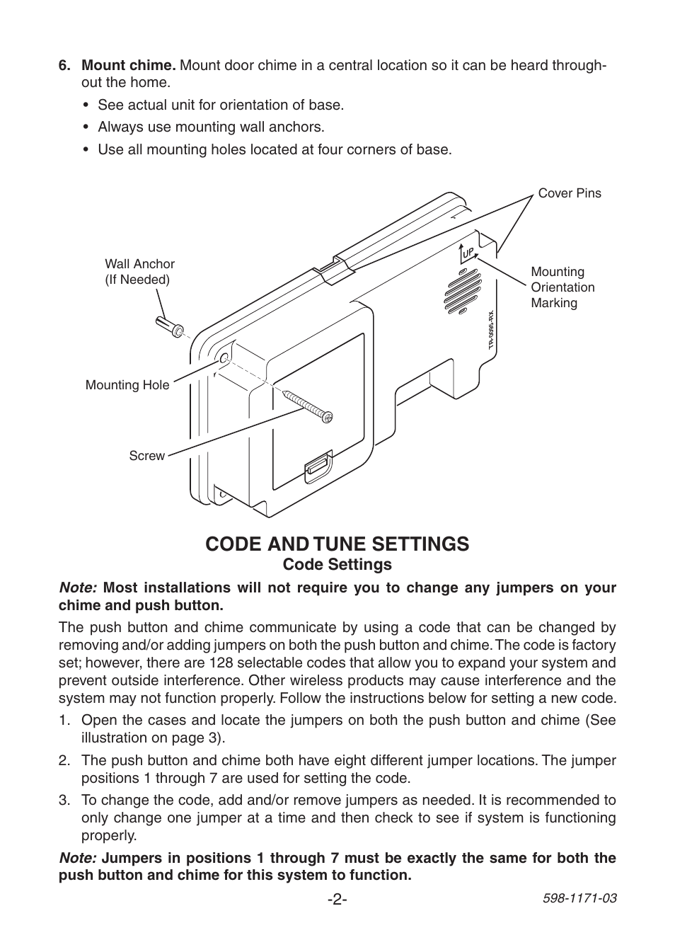Code and tune settings | Heath Zenith Wireless Chime TR-0095-RX User Manual | Page 2 / 20