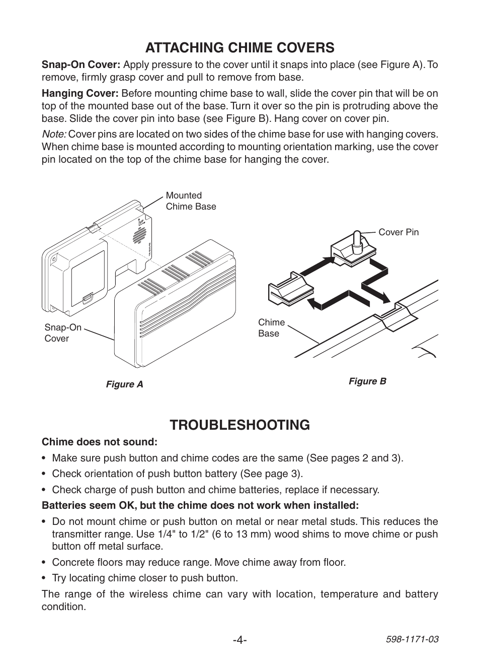 Troubleshooting, Attaching chime covers | Heath Zenith Wireless Chime TR-0095-RX User Manual | Page 4 / 20