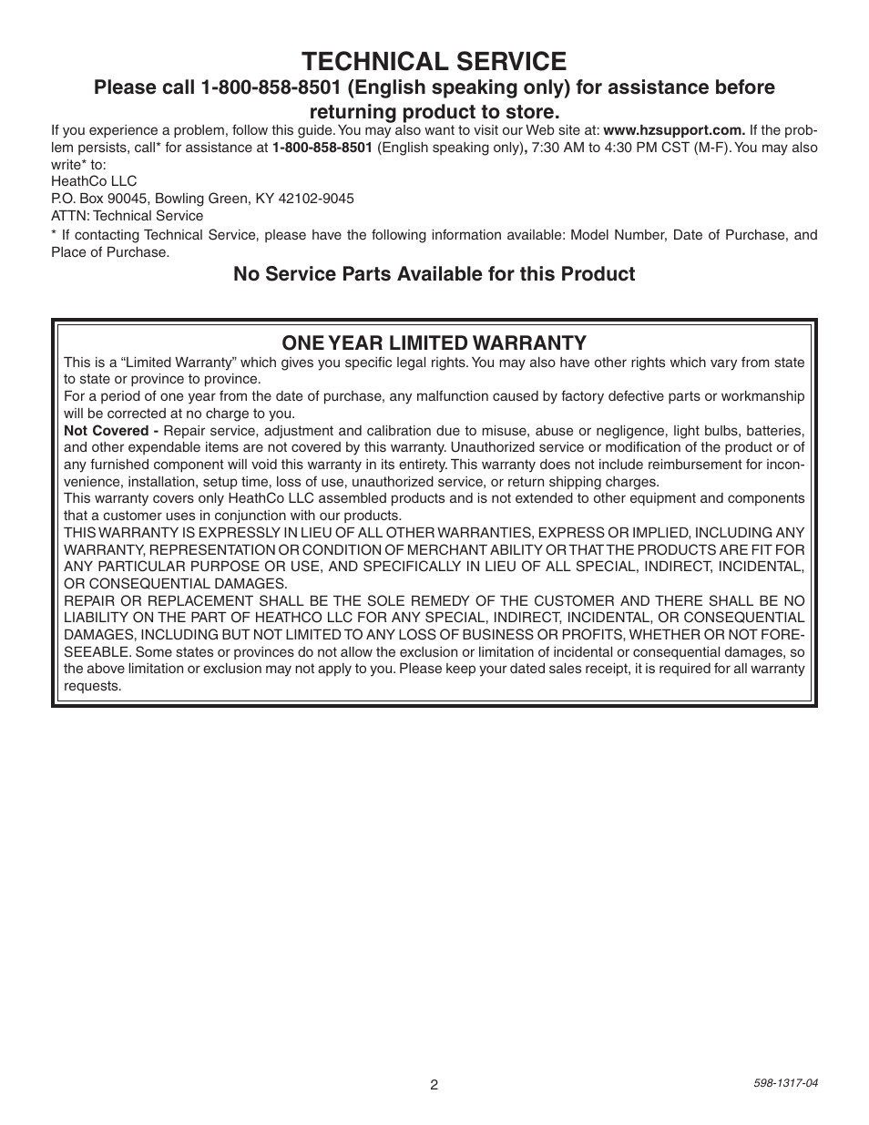 Technical service | Heath Zenith SL-5659 User Manual | Page 2 / 8