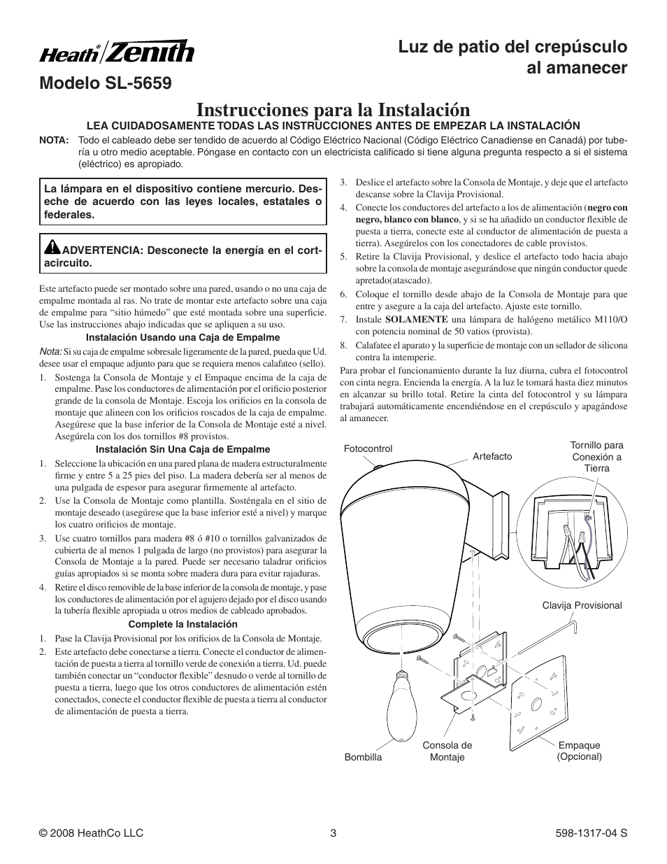 Instrucciones para la instalación | Heath Zenith SL-5659 User Manual | Page 3 / 8