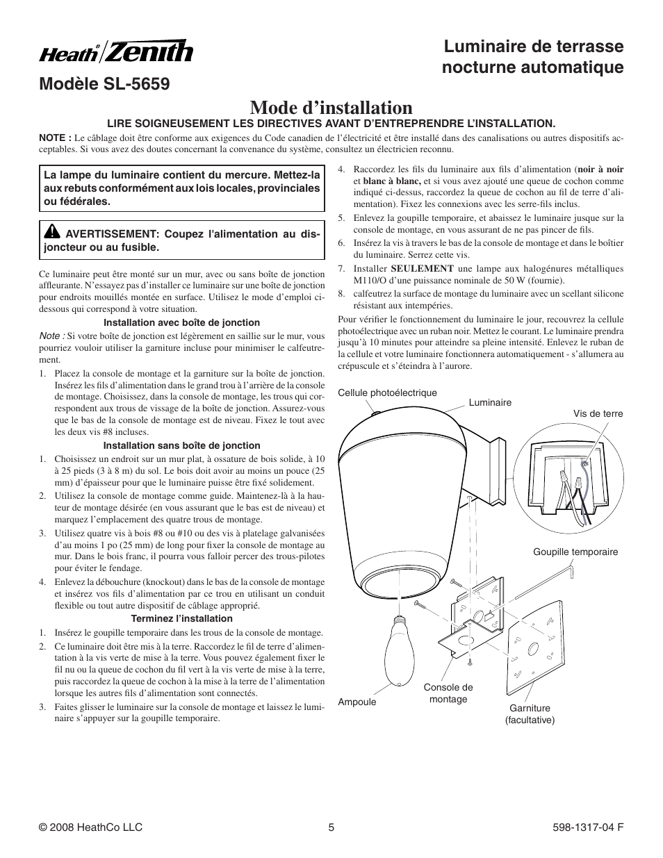 Mode d’installation | Heath Zenith SL-5659 User Manual | Page 5 / 8