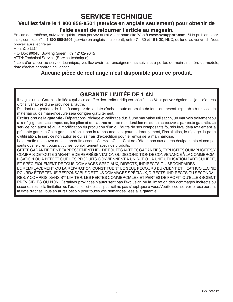 Service technique | Heath Zenith SL-5659 User Manual | Page 6 / 8
