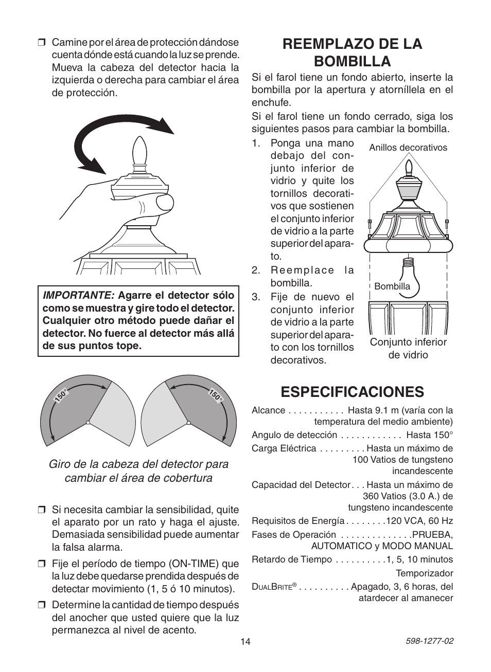 Especificaciones, Reemplazo de la bombilla | Heath Zenith SL-4290 Series User Manual | Page 14 / 24