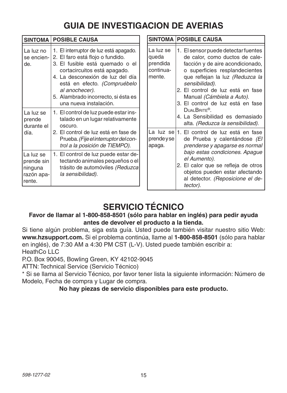 Guia de investigacion de averias, Servicio técnico | Heath Zenith SL-4290 Series User Manual | Page 15 / 24