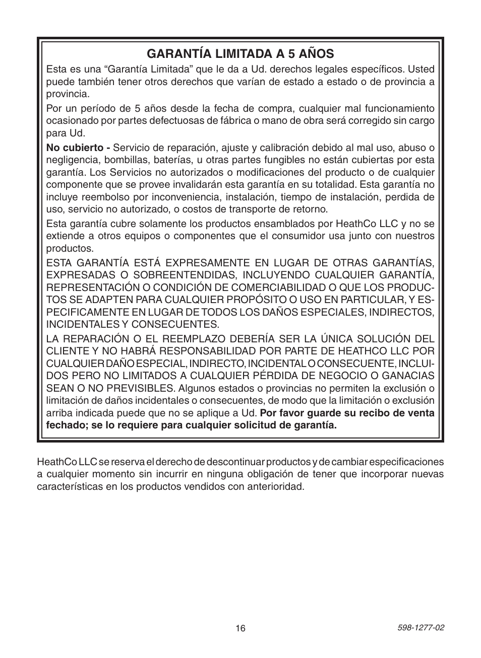 Garantía limitada a 5 años | Heath Zenith SL-4290 Series User Manual | Page 16 / 24