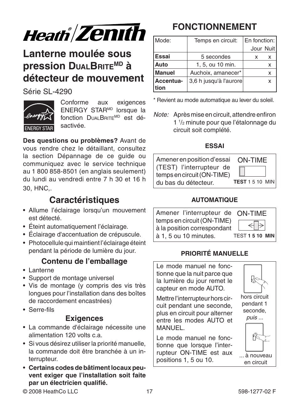 Lanterne moulée sous pression d, Àdétecteur de mouvement, Fonctionnement | Caractéristiques, Contenu de l’emballage, Exigences, Série sl-4290 | Heath Zenith SL-4290 Series User Manual | Page 17 / 24