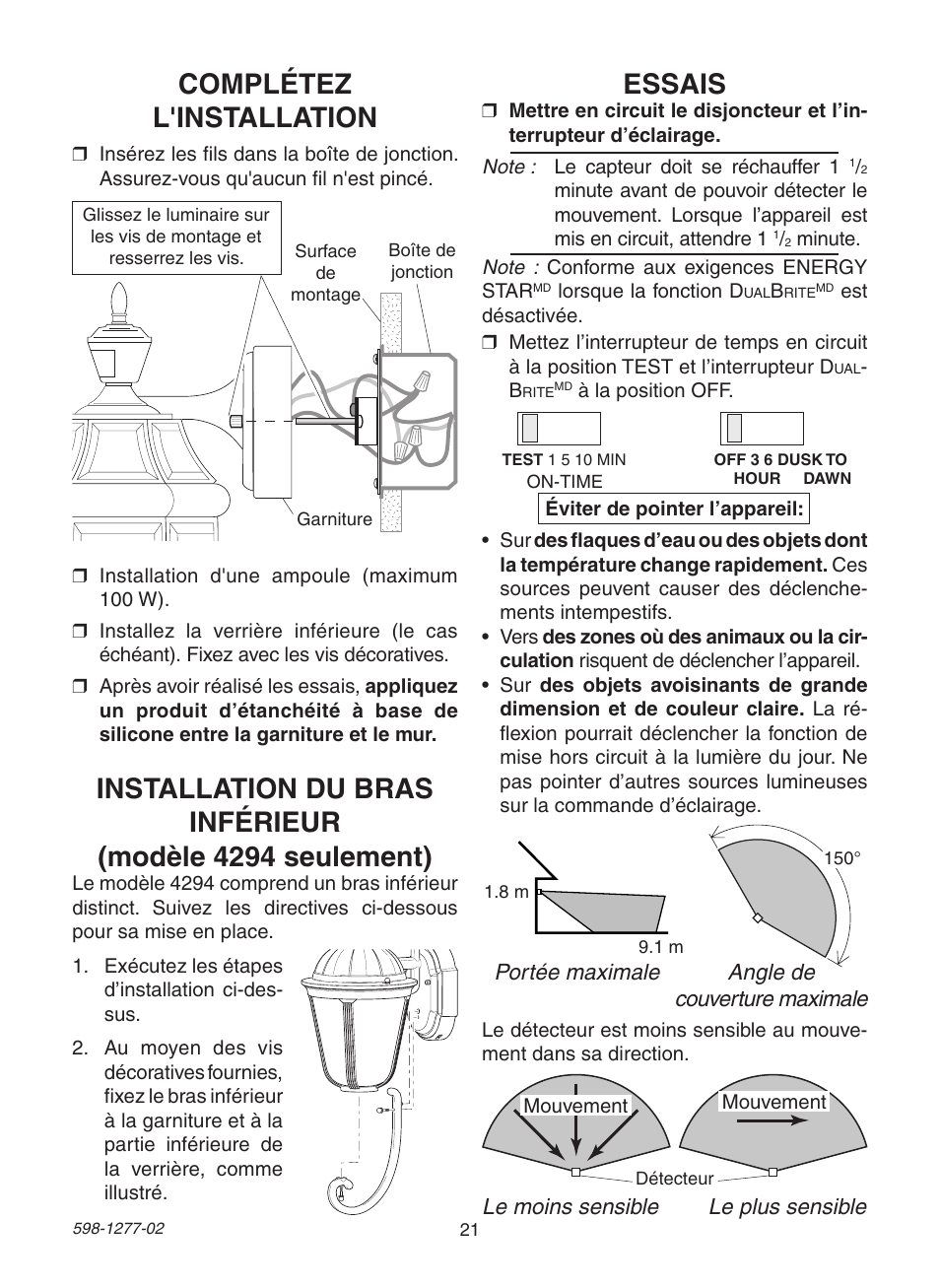 Complétez l'installation, Essais | Heath Zenith SL-4290 Series User Manual | Page 21 / 24