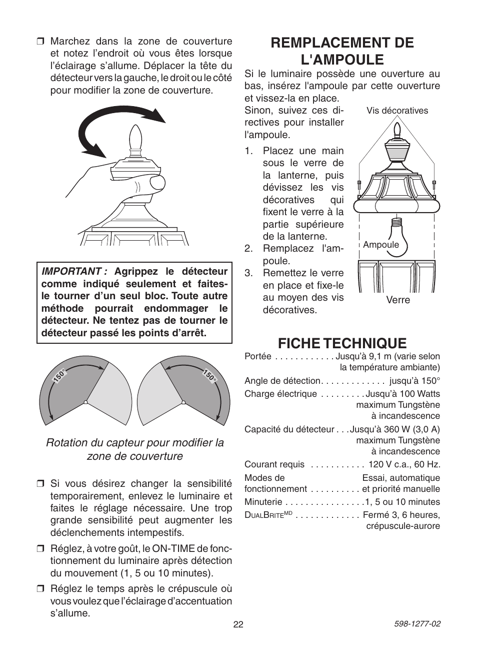 Fiche technique, Remplacement de l'ampoule | Heath Zenith SL-4290 Series User Manual | Page 22 / 24
